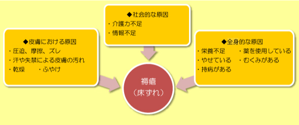 褥瘡のできる原因として「皮膚における原因」「社会的な原因」「全身的な原因」に分けることができます。